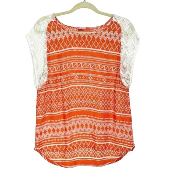 Prana Aleen Top Sleeves Lightweight Hiking Boho Geometric SunlitOrange Size M - Picture 2 of 9